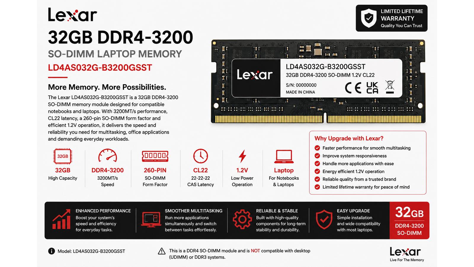 Lexar LD4AS032G-B3200GSST, 32GB DDR4-3200 Laptop RAM, 3200MT/s, CL22, 260-Pin SO-DIMM, 1.2V, Warranty | LD4AS032G-B3200GSST